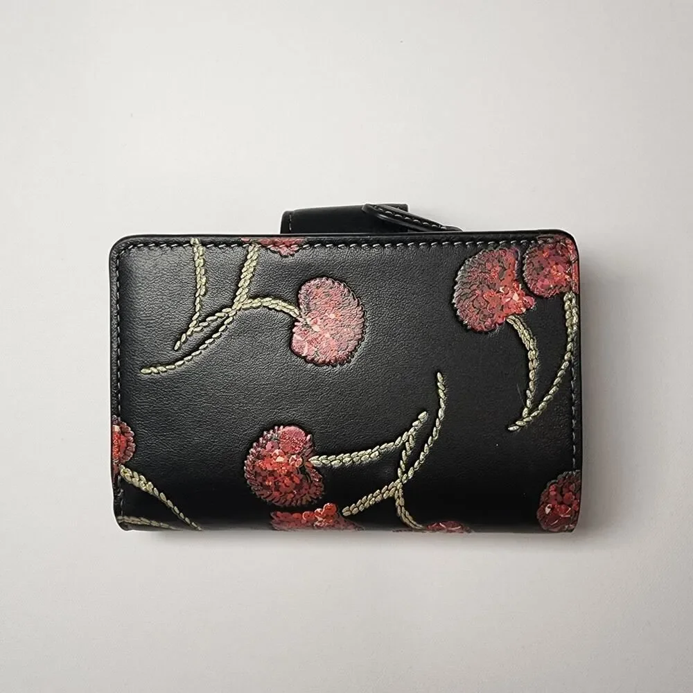 NWT Coach CDF10 Medium Corner Zip Wallet With Cherry Print Gold/Black Multi